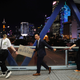 Demonstrators link hands as they gather along an elevated walkway in Hong Kong.
